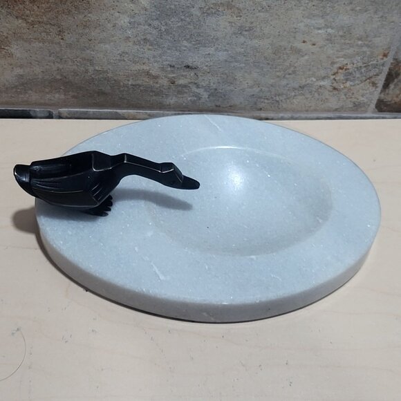 Decorative Marble Soap Dish Jewelry Holder Black Metal Bird Figure - Picture 4 of 11